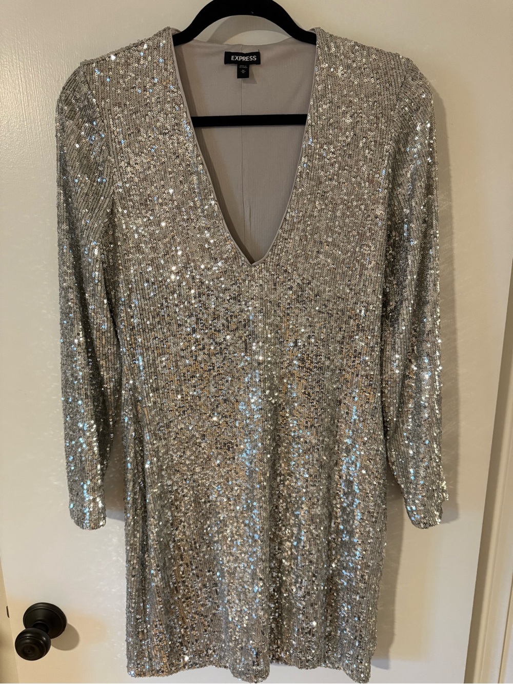 Express Silver Sequin V-Neck Mini Dress with Long Sleeves